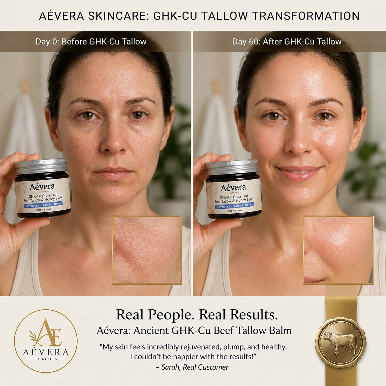 Aevera GHK-Cu Tallow before and after — day 0 to day 60 transformation